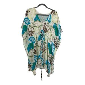 NWT Halston Heritage Blue Green & Ivory Leaf Motif Drawstring 100% Silk Caftan 4